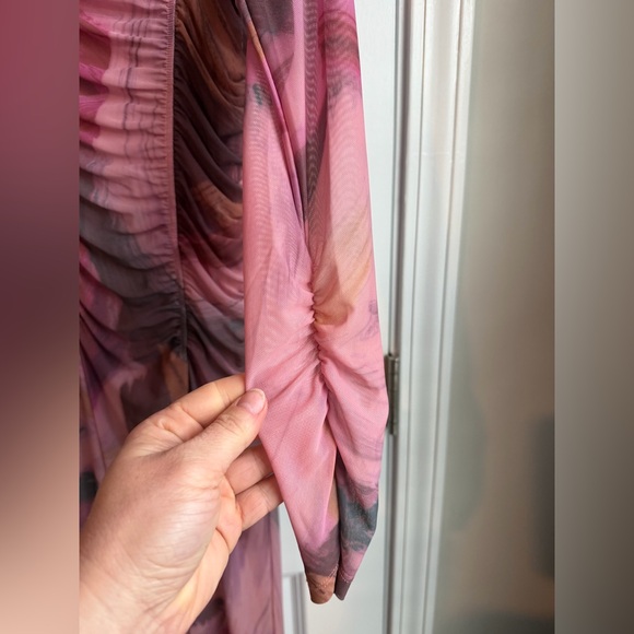 By Anthropologie Long-Sleeve Printed Mesh Midi Dress Pink Size XL - Picture 7 of 9